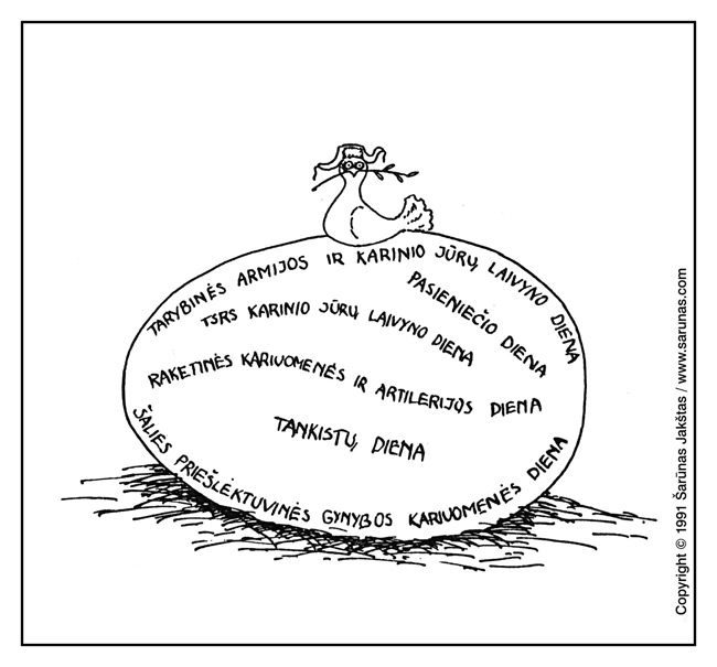 Jakštas Šarnas. Karikatra / Cartoon / Karikaturen / Caricatura. Taikos balandis / White dove with olive branch.