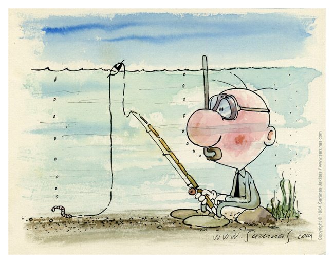 Jakštas Šarnas. Karikatra / Cartoon / Karikaturen / Caricatura. kl / Fishing