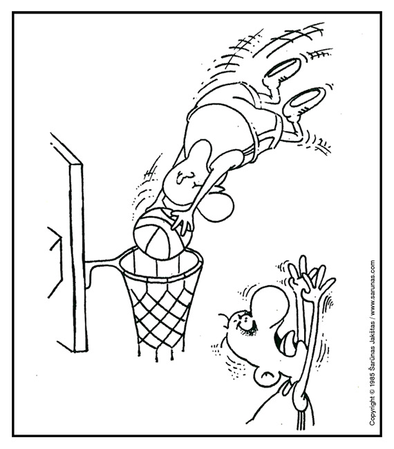 Jakštas Šarūnas. Karikatūra, cartoon, karikaturen. Metimas / Shooting. „Švyturys“ (1985 m., Nr. 4).  Juodas tušas / Black ink.