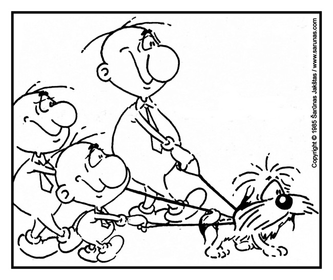 Jakštas Šarūnas. Karikatūra, cartoon, karikaturen. Pasivaikščiojimas / Dog Walkers!  „Šluota“ (1985 m., Nr. 3). Juodas tušas / Black ink.