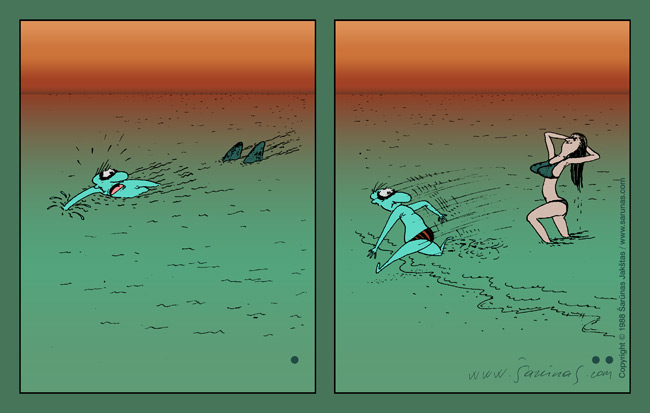 Jakštas Šarnas. Karikatra / Cartoon / Karikaturen / Caricatura. Rykliai / Sharks.