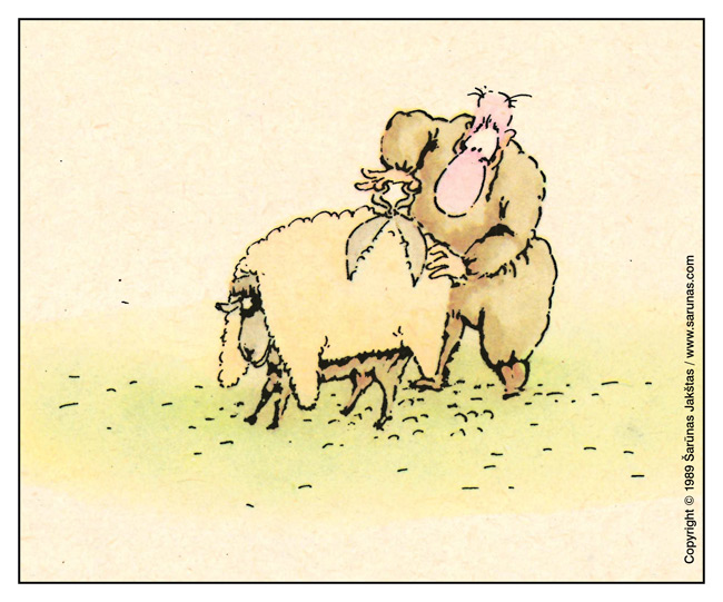 Jakštas Šarnas. Karikatra / Cartoon / Karikaturen / Caricatura. Gudri avis / Sly Sheep