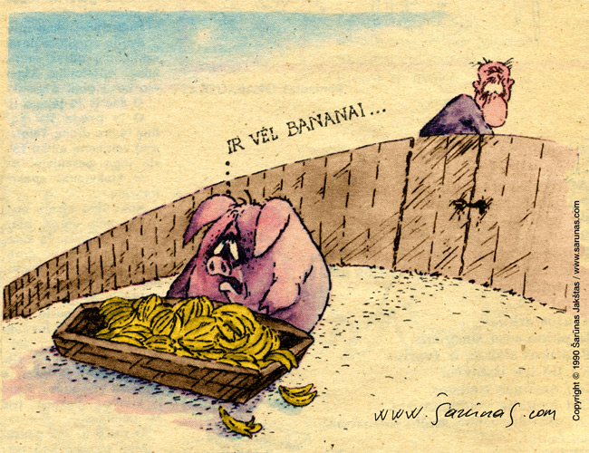 Jakštas Šarnas. Karikatra / Cartoon / Karikaturen / Caricatura. Bananai / Banana