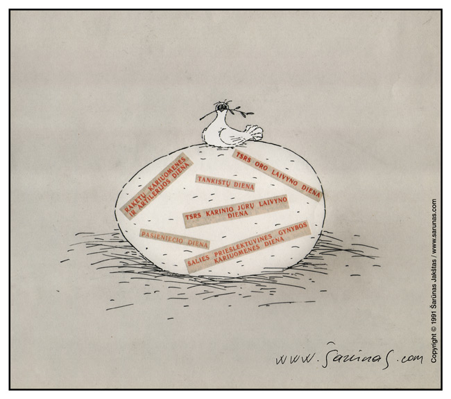 Jakštas Šarnas. Karikatra / Cartoon / Karikaturen / Caricatura. Taikos balandis / White dove with olive branch.